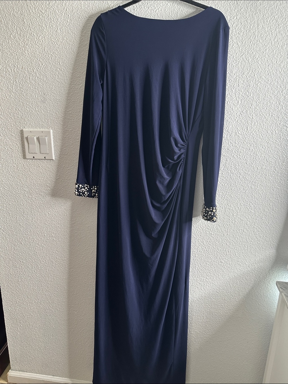 MARINA Elegant Navy Long Sleeve Ruched Maxi Dress with Beaded Cuffs open back 14